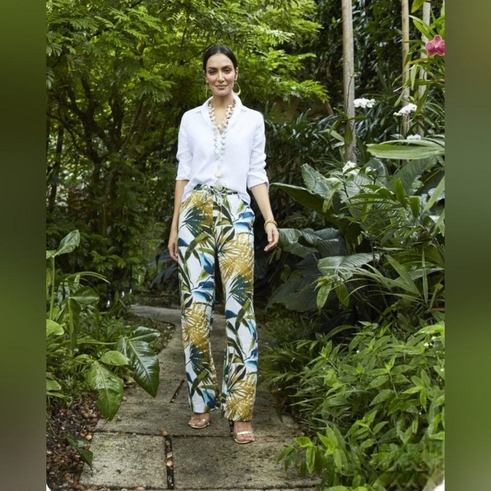 Chico's Wide Leg Linen Tropical Pants Women's Sz 1.5 (10R). New Coastal Grandma